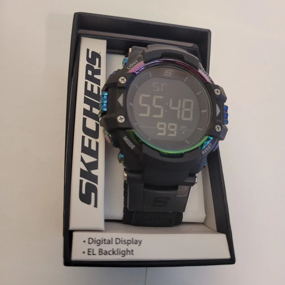Skechers Men's Digital Watch Black Rainbow Bezel EL Backlight SR1118W NEW IN BOX